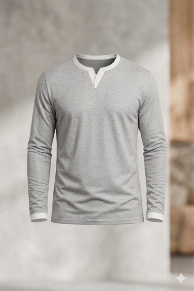 Men’s Light Grey Full-Sleeve Henley Neck T-Shirt